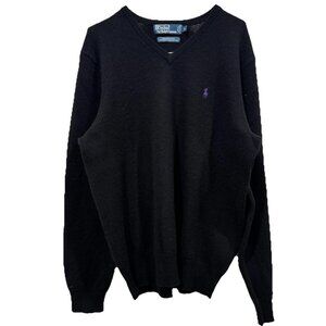 POLO Ralph Lauren Men's Black Sweater Size‎ Large V-Neck 100% Lambs Wool